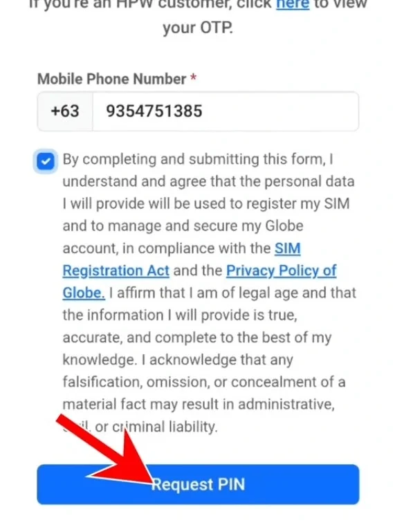 Typing an 11-digit TM mobile number on the registration portal