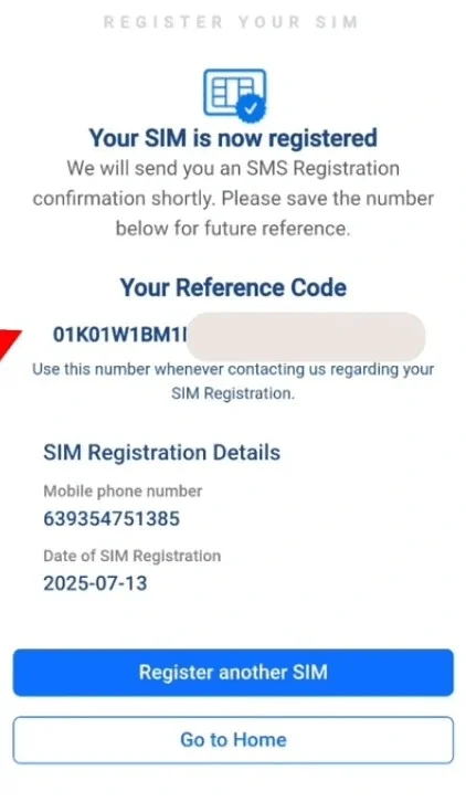 TM SIM registered successfully with reference number